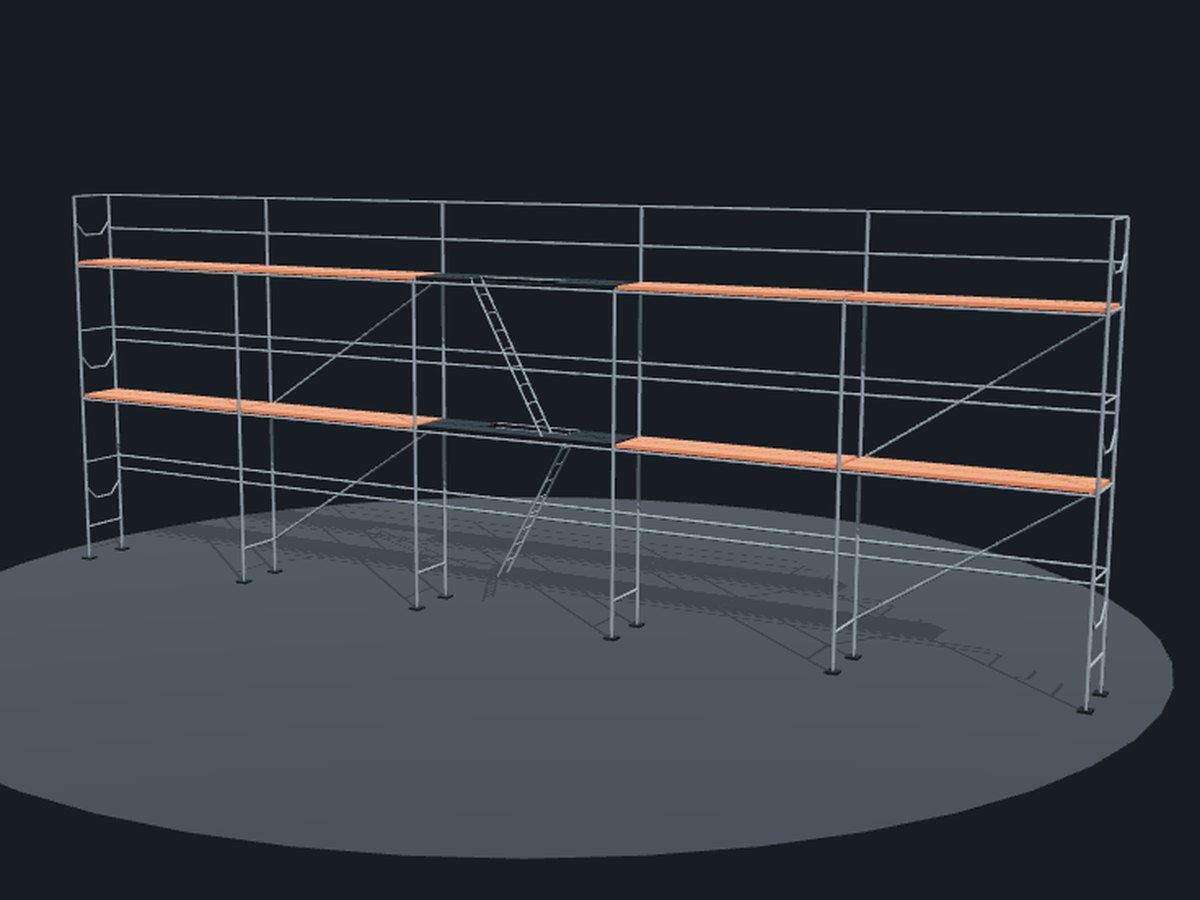 3D náhled sestavy Rámové lešení SP 70 — 15 × 6,5 m — délka 15 m, pracovní výška 6.5 m
