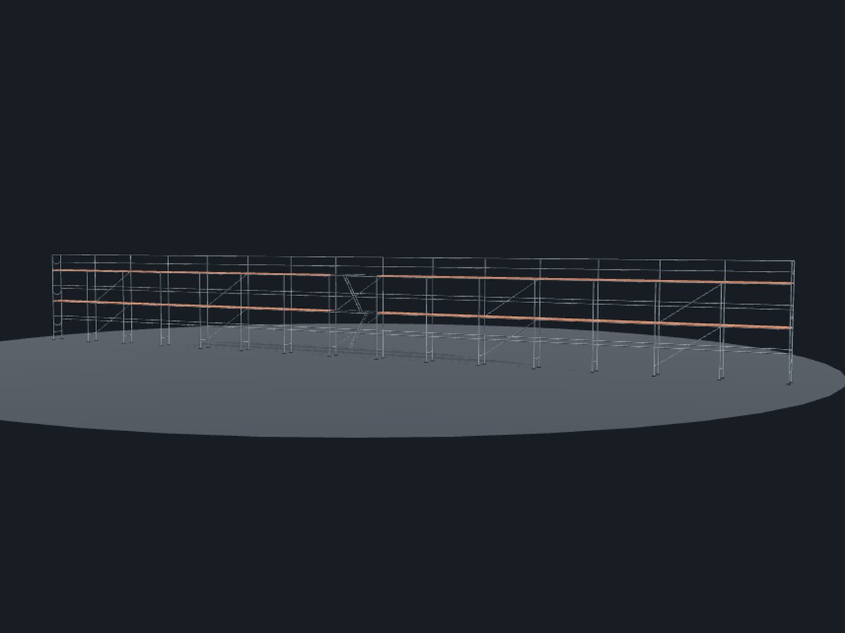 3D náhled sestavy Rámové lešení SP 70 — 45 × 6,5 m — délka 45 m, pracovní výška 6.5 m